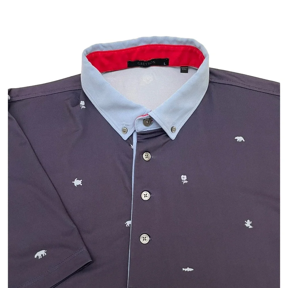 Greyson Performance Polo Shirt L Navy Blue Nature Pattern Stretch Wicking Golf